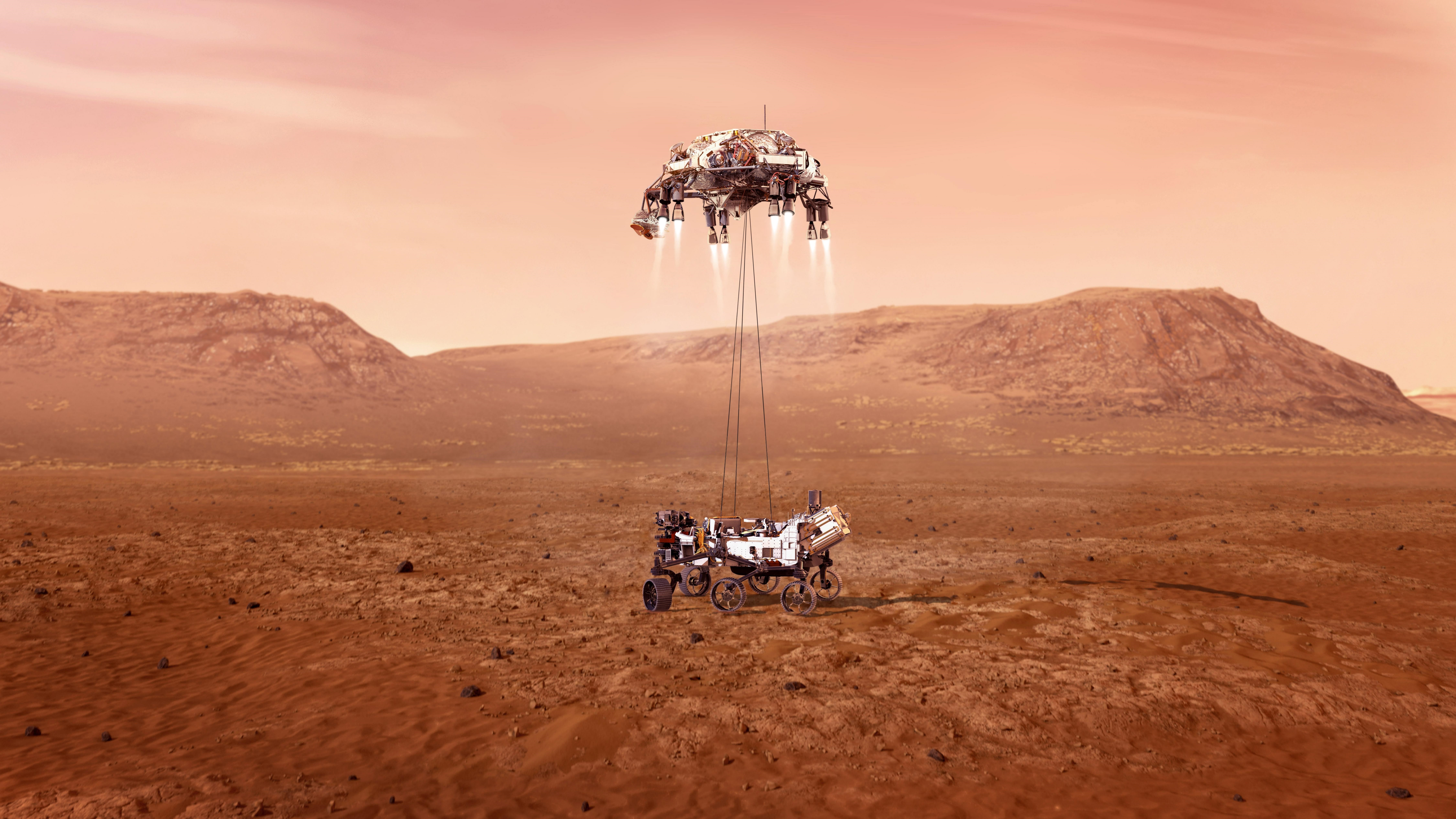 Fotografía cedida este miércoles por la Administración Nacional de Aeronáutica y el Espacio (NASA) que muestra una ilustración del rover Perseverance mientras aterriza de forma segura sobre la superficie de Marte. EFE/ Emma Howells/ NASA
