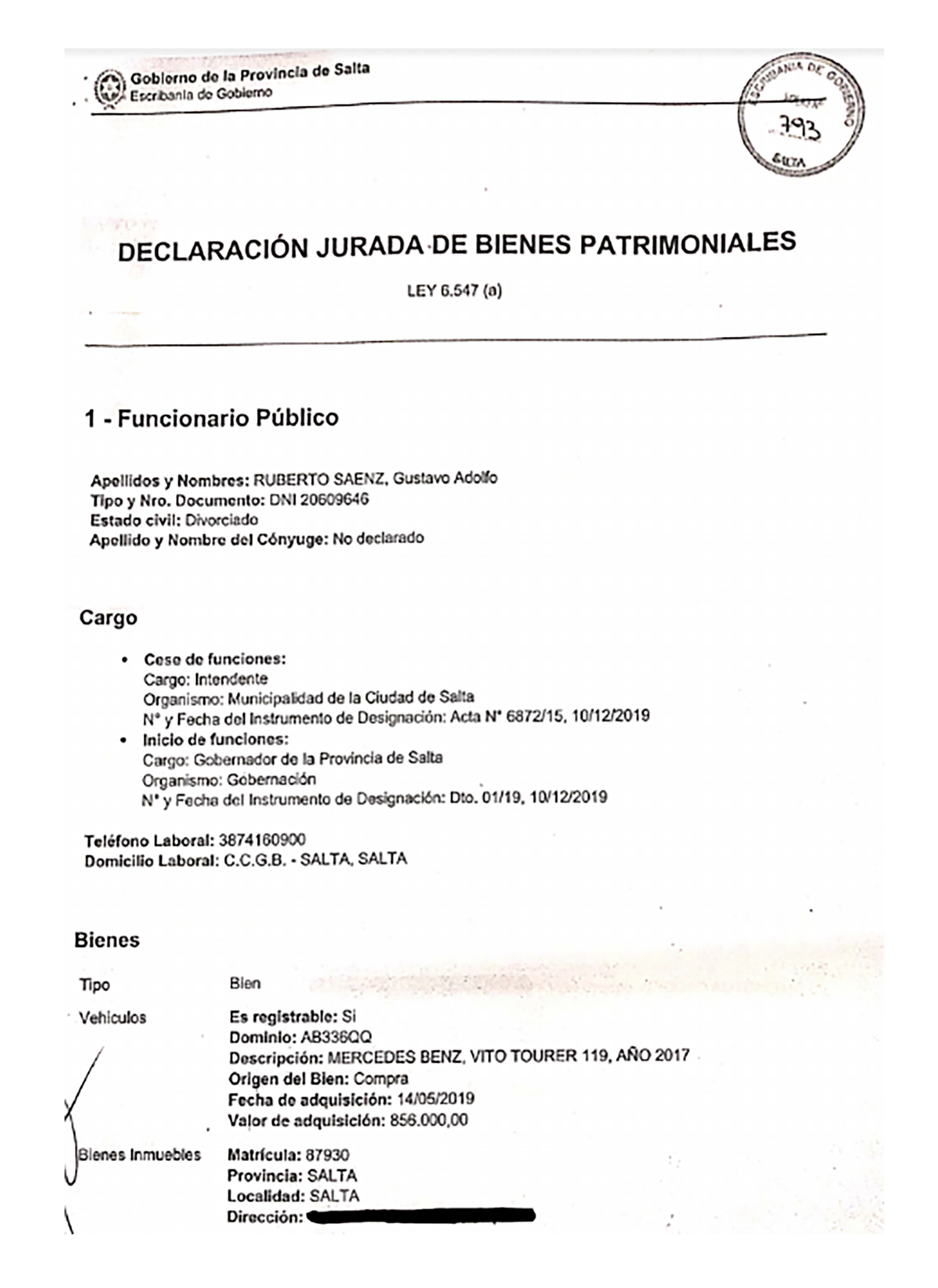 Primera hoja de la DDJJ que presentó el gobernador de Salta, Gustavo Sáenz, con el detalle de sus bienes, que le envió a Infobae.