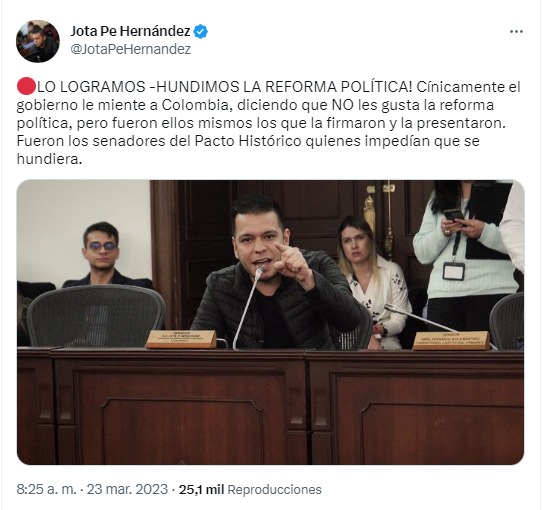 Tuit de Jota Pe Hernández sobre la Reforma Política
