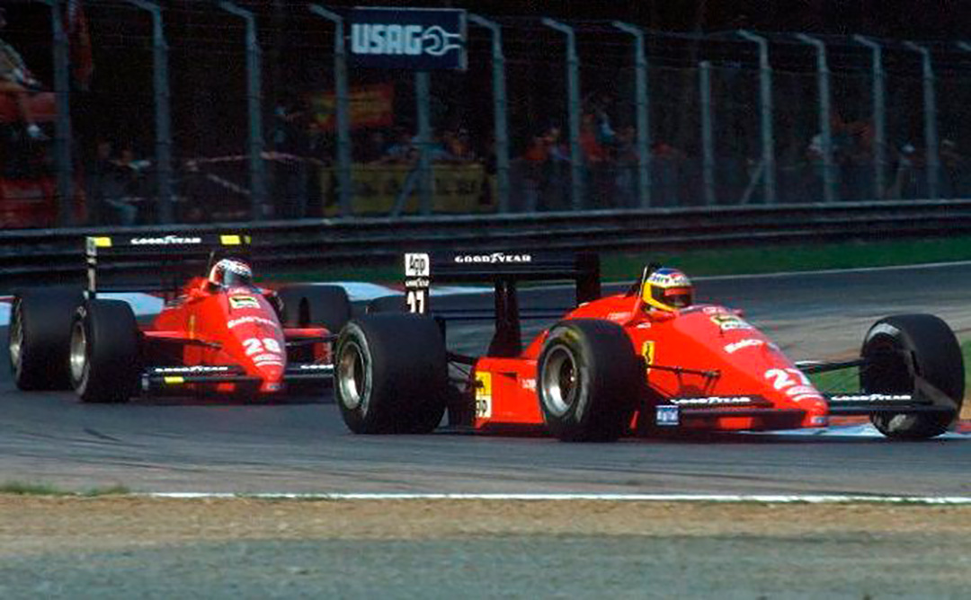 Michele Alboreto y Gerhard Berger con las Ferrari en el GP de 1988, el día del milagro del "Commendatore" (www.monzanet.it)
