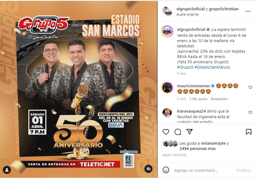 Grupo 5 en el Estadio San Marcos precios de entradas, zonas y más