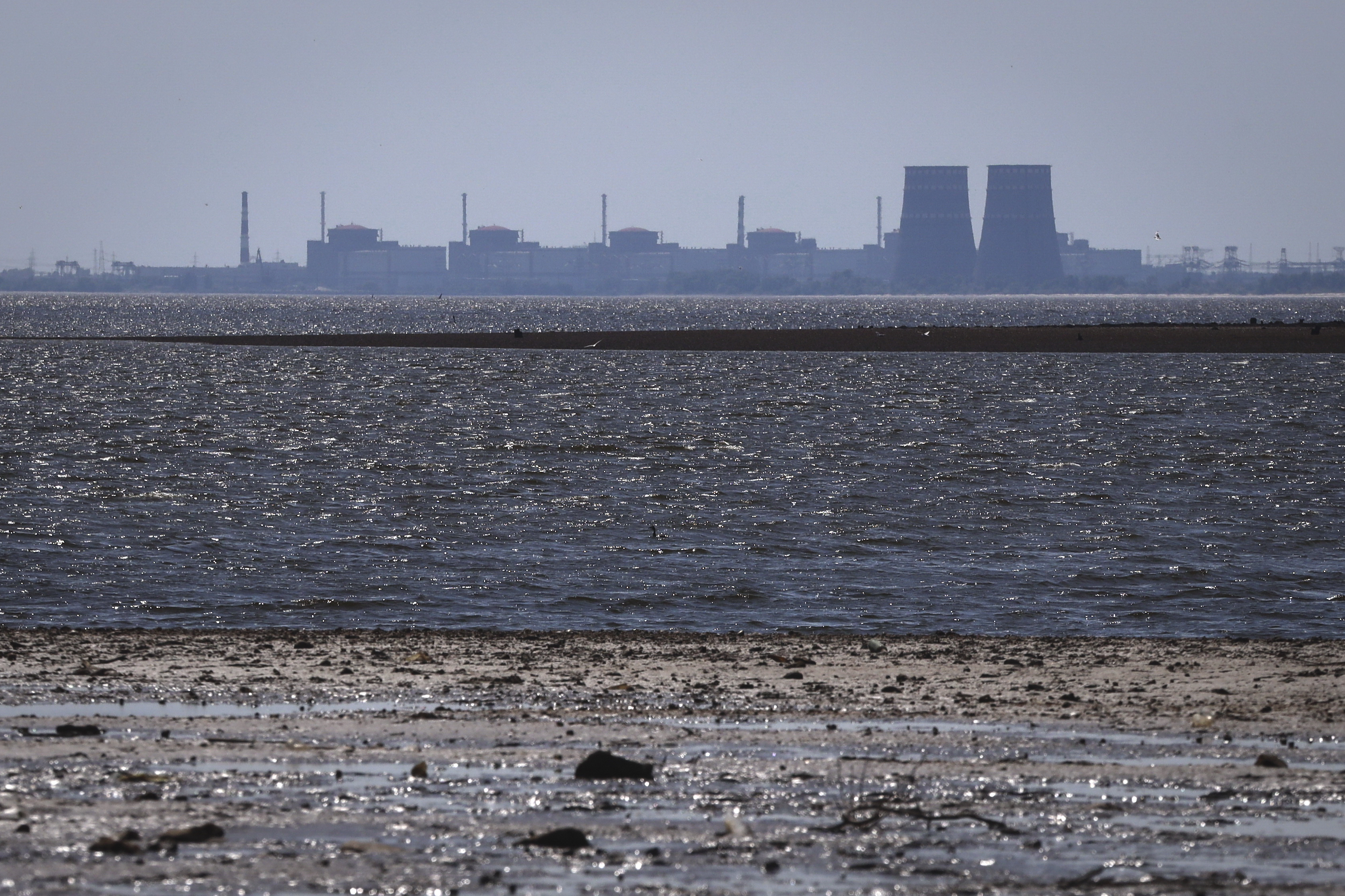 La central nuclear de Zaporizhzhia, la más grande de Europa, vista al fondo del embalse de Kajovka tras la rotura de la represa, en Energodar, en territorio ruso ocupado por Ucrania, el 9 de junio de 2023. (AP Foto/Kateryna Klochko)