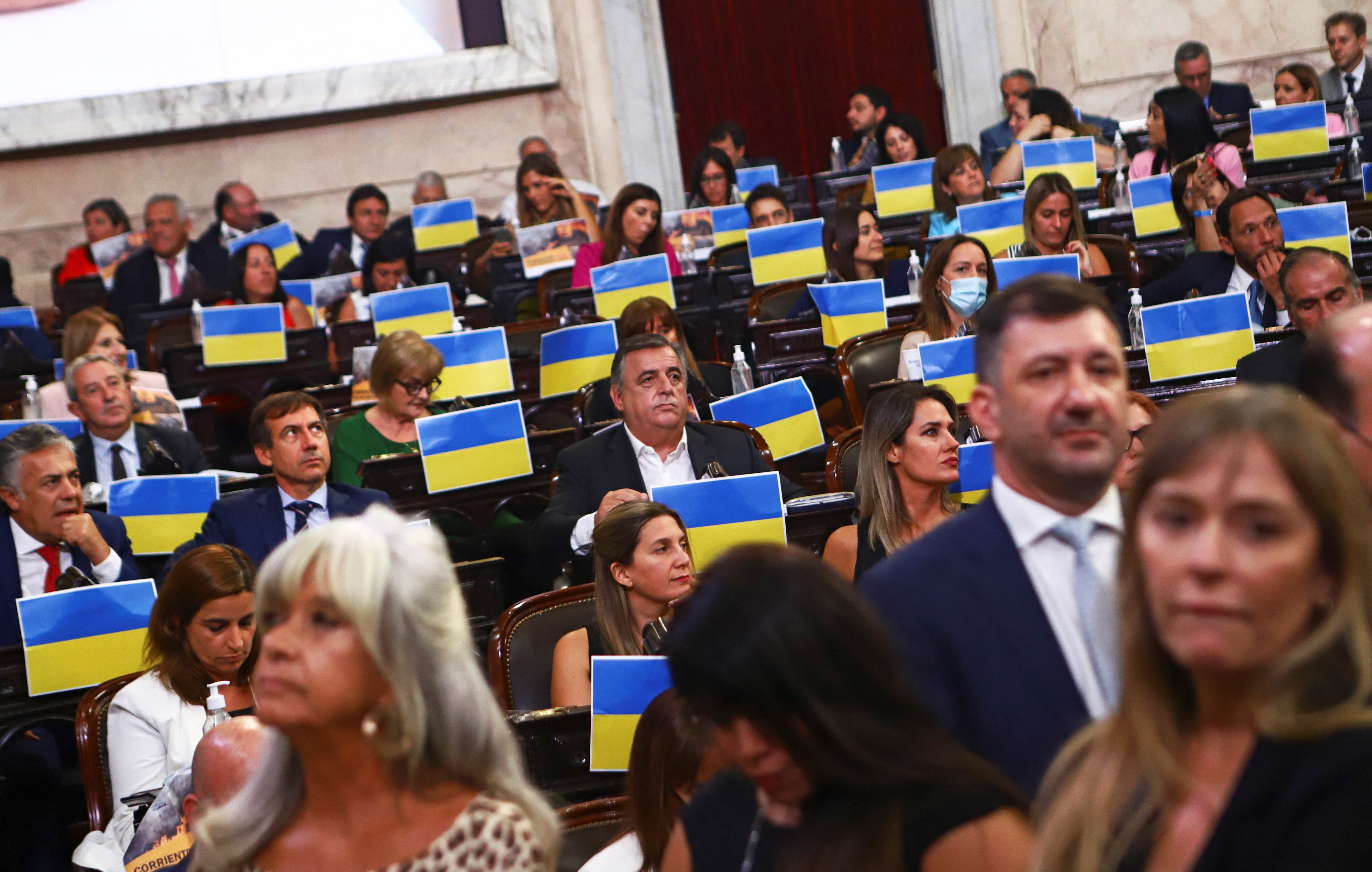 Los legisladores de la oposición portaron carteles con la bandera de Ucrania (REUTERS/Matias Baglietto)