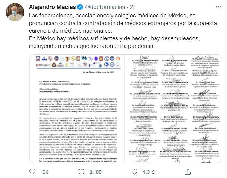 Los médicos mexicanos consideraron la acción como una “falta grave” (Foto: Twitter/@doctormacias)