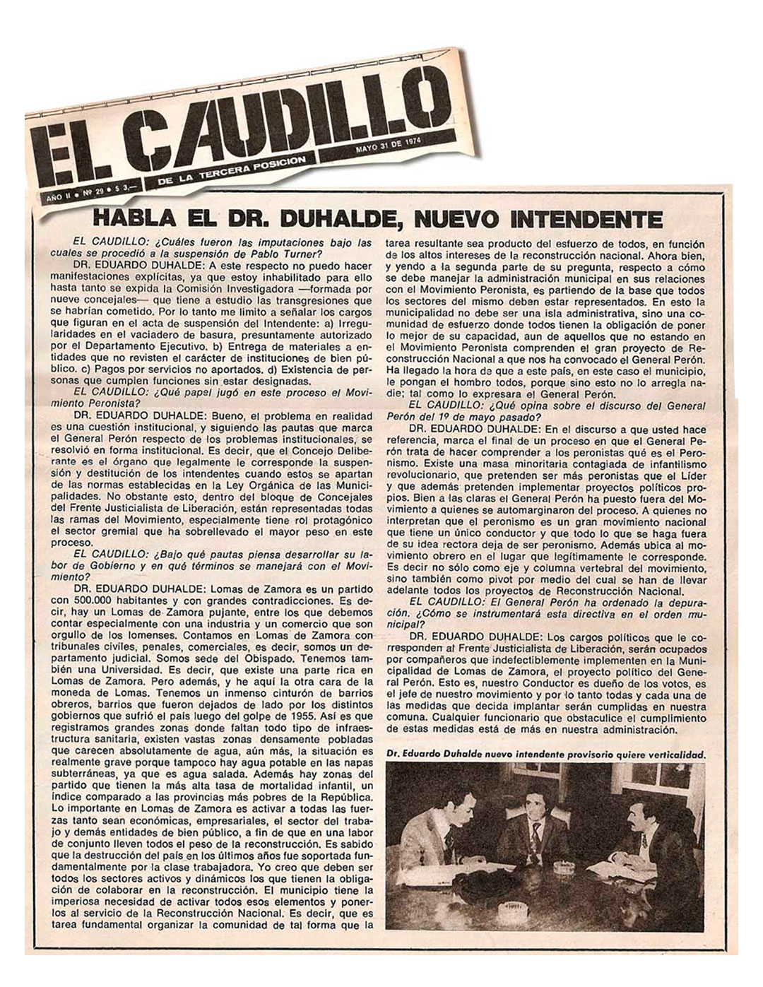 Entrevista a Eduardo Duhalde, el intendente de Lomas de Zamora en marzo de 1975