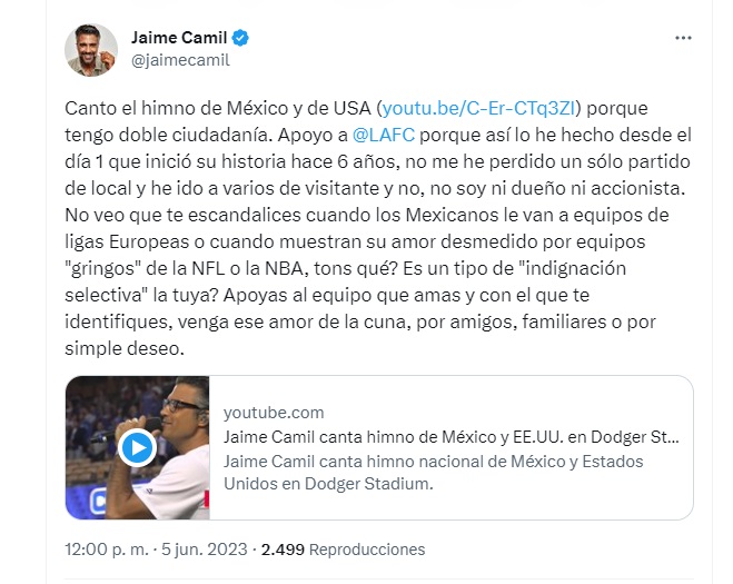 Jaime Camil defended himself from criticism for being a fan of LAFC (Twitter/ @jaimecamil)