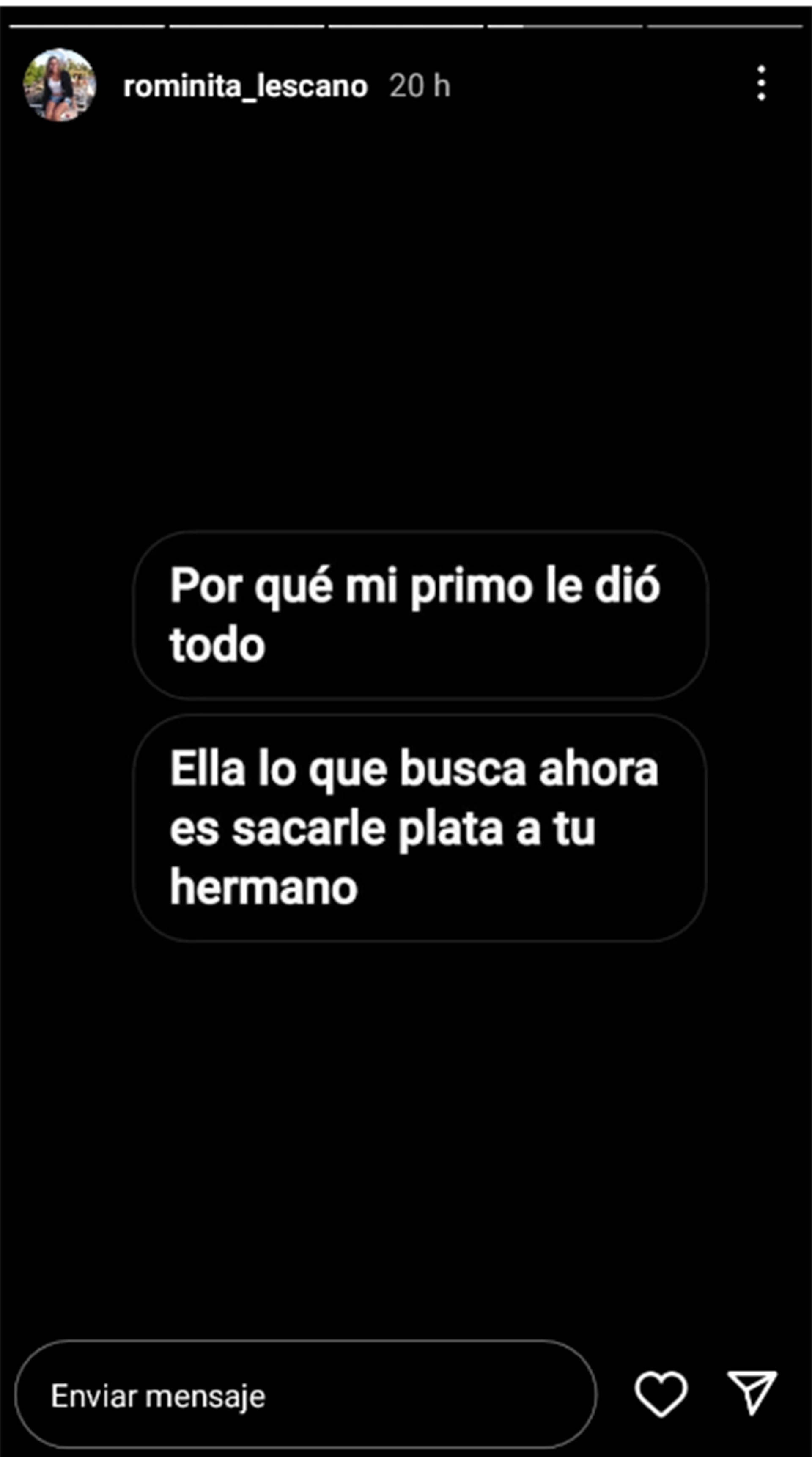Romina  compartió un chat con quien sería la prima del hombre que crio al hijo de Pablo Lescano