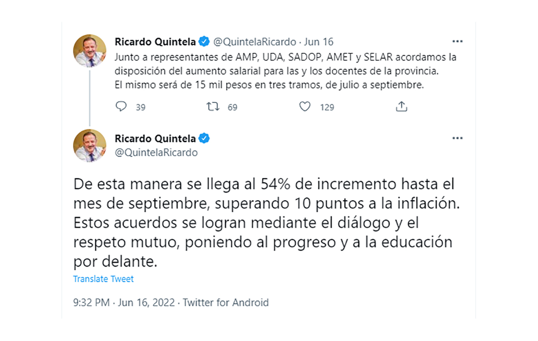 Captura del tuit del gobernador Quintela 