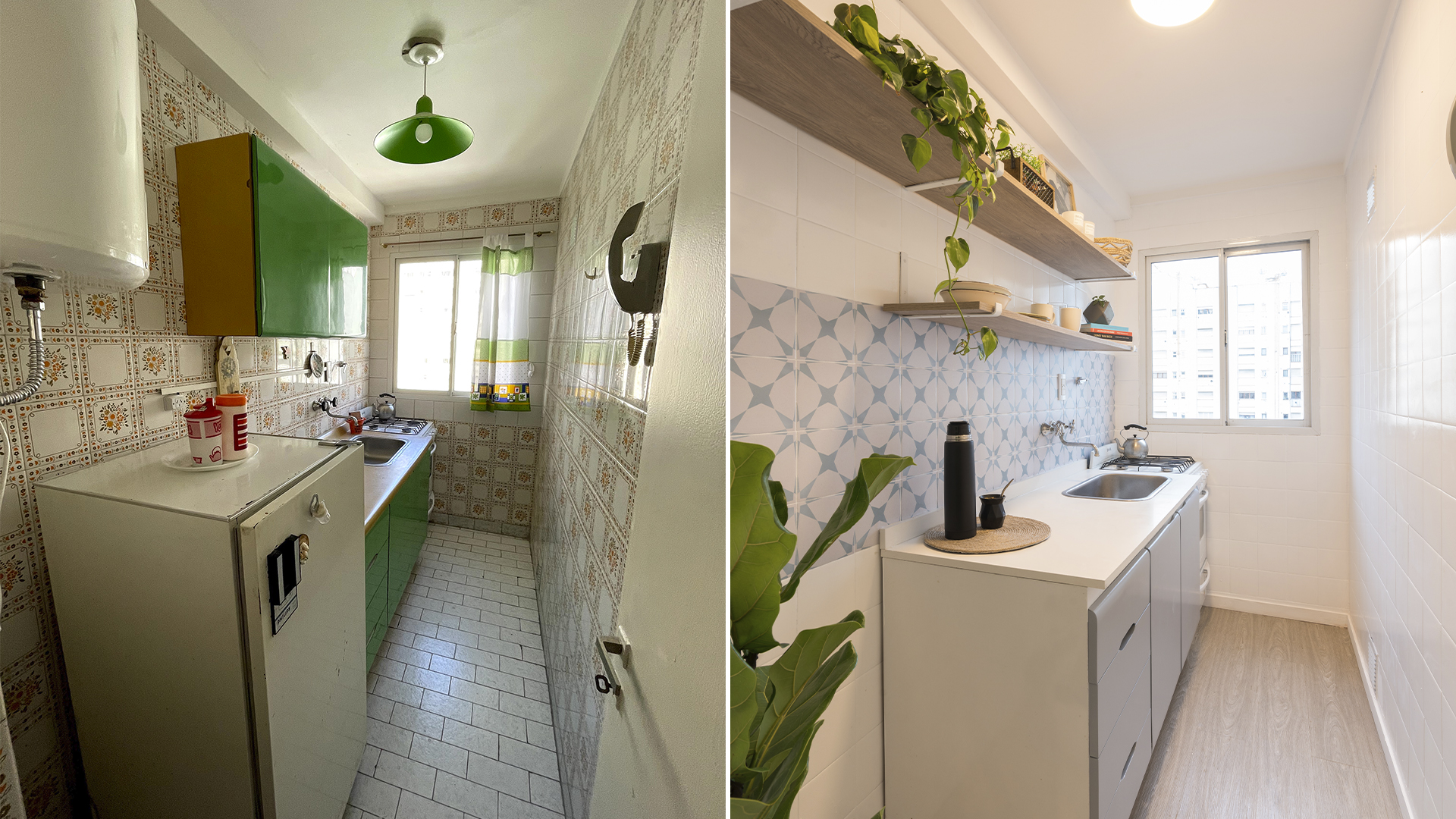 Una cocina, el antes y después. Allí se observa como se aprovechó el espacio en el reciclaje y los tonos claros como aportan la sensación de mayor amplitud (Gentileza: Decoexpertas)