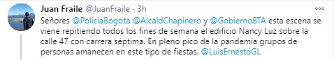 El periodista Juan Fraile denunció fiestas clandestinas en Bogotá. Foto: Twitter Juan Fraile.