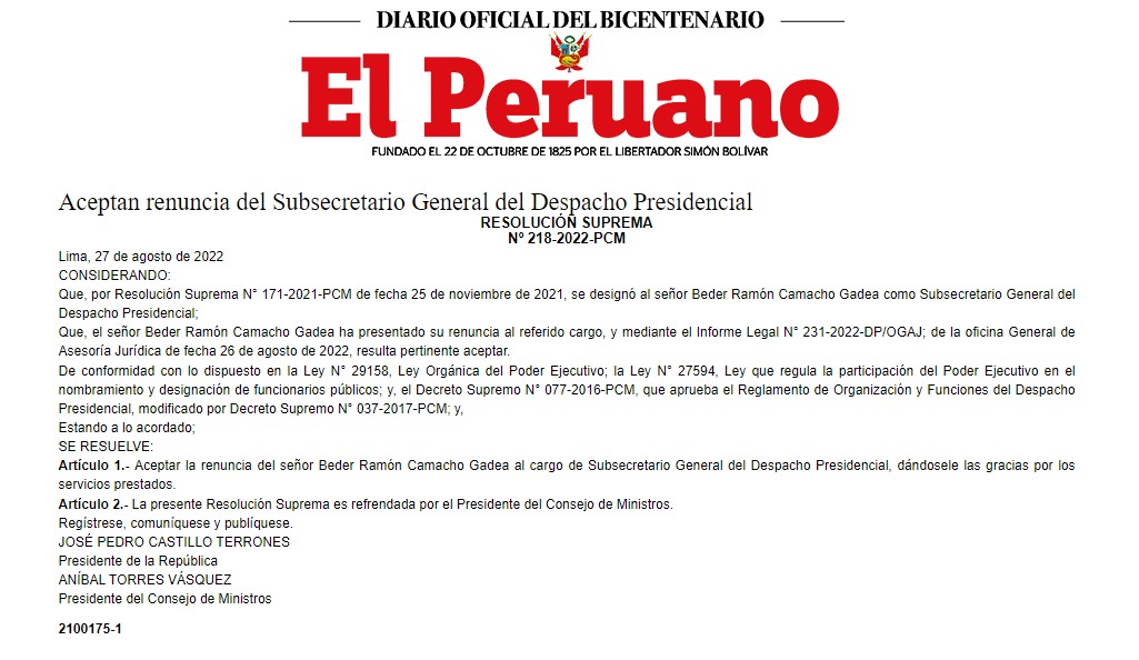Beder Camacho: se oficializa la renuncia del ahora ex mano derecha de Pedro Castillo.