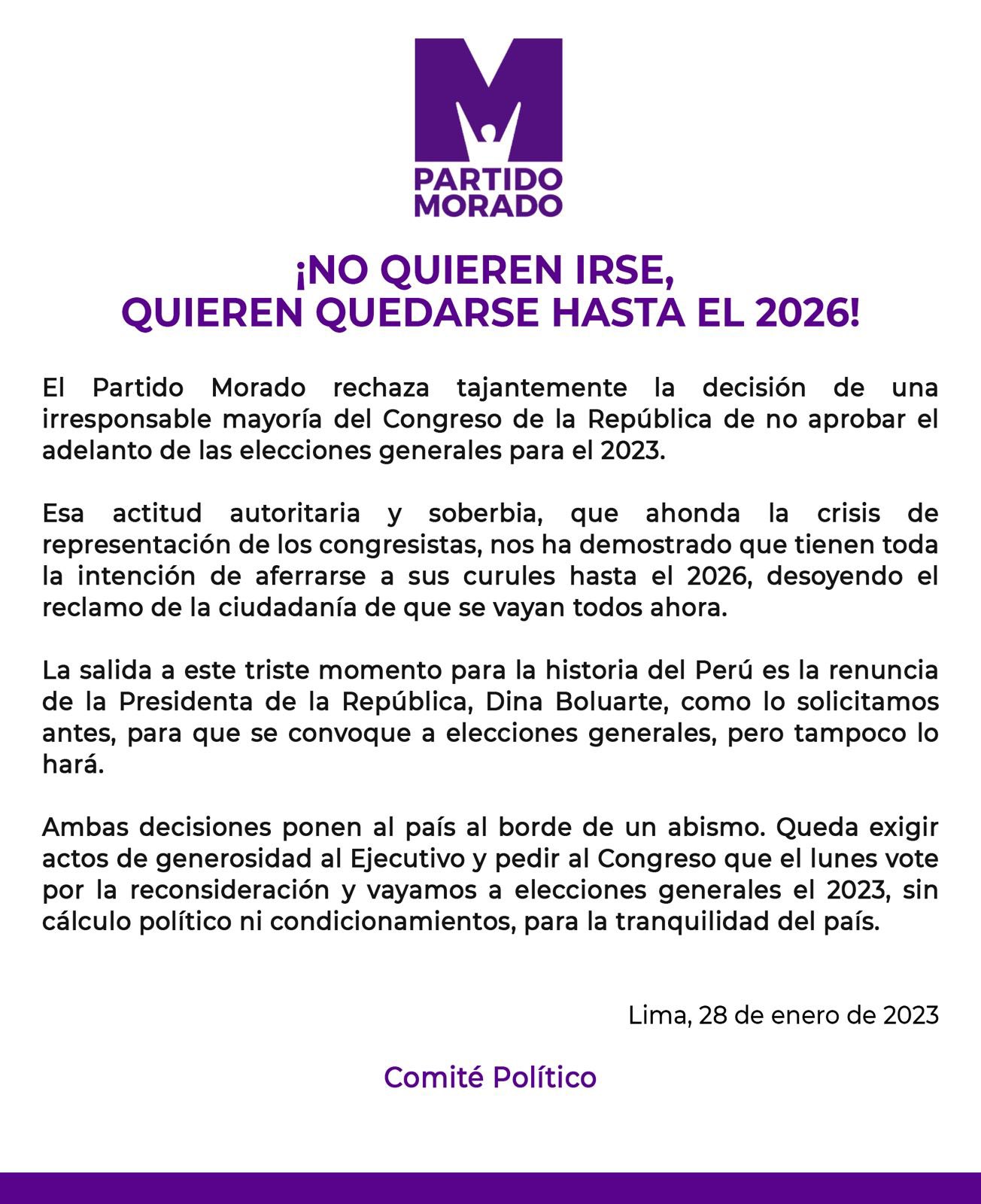 Partido Morado pide renuncia de Dina Boluarte. (Twitter/Partido Morado)