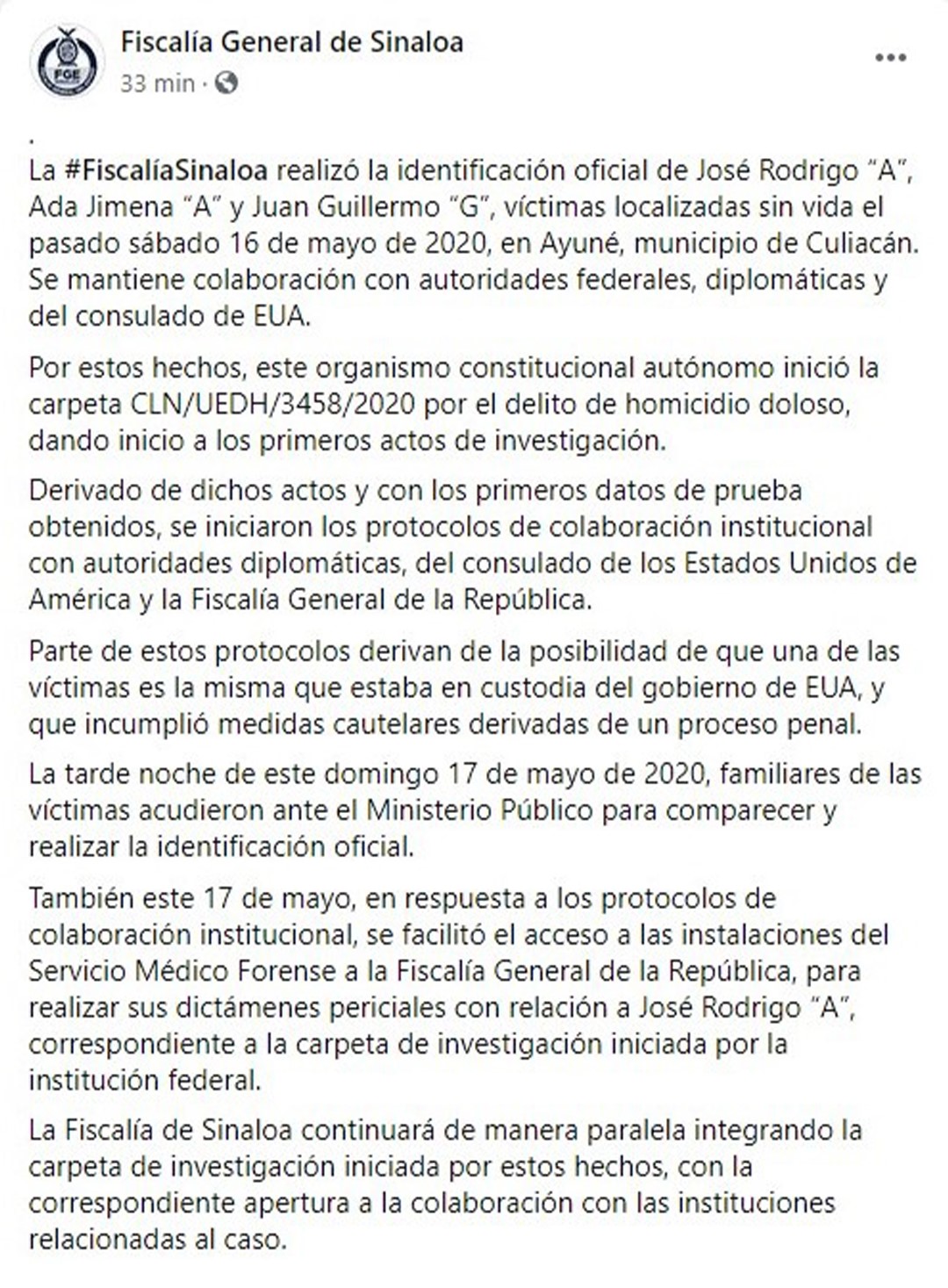 Comunicado Fiscalía General de Sinaloa (Foto: Facebook@Fiscalía General de Sinaloa)
