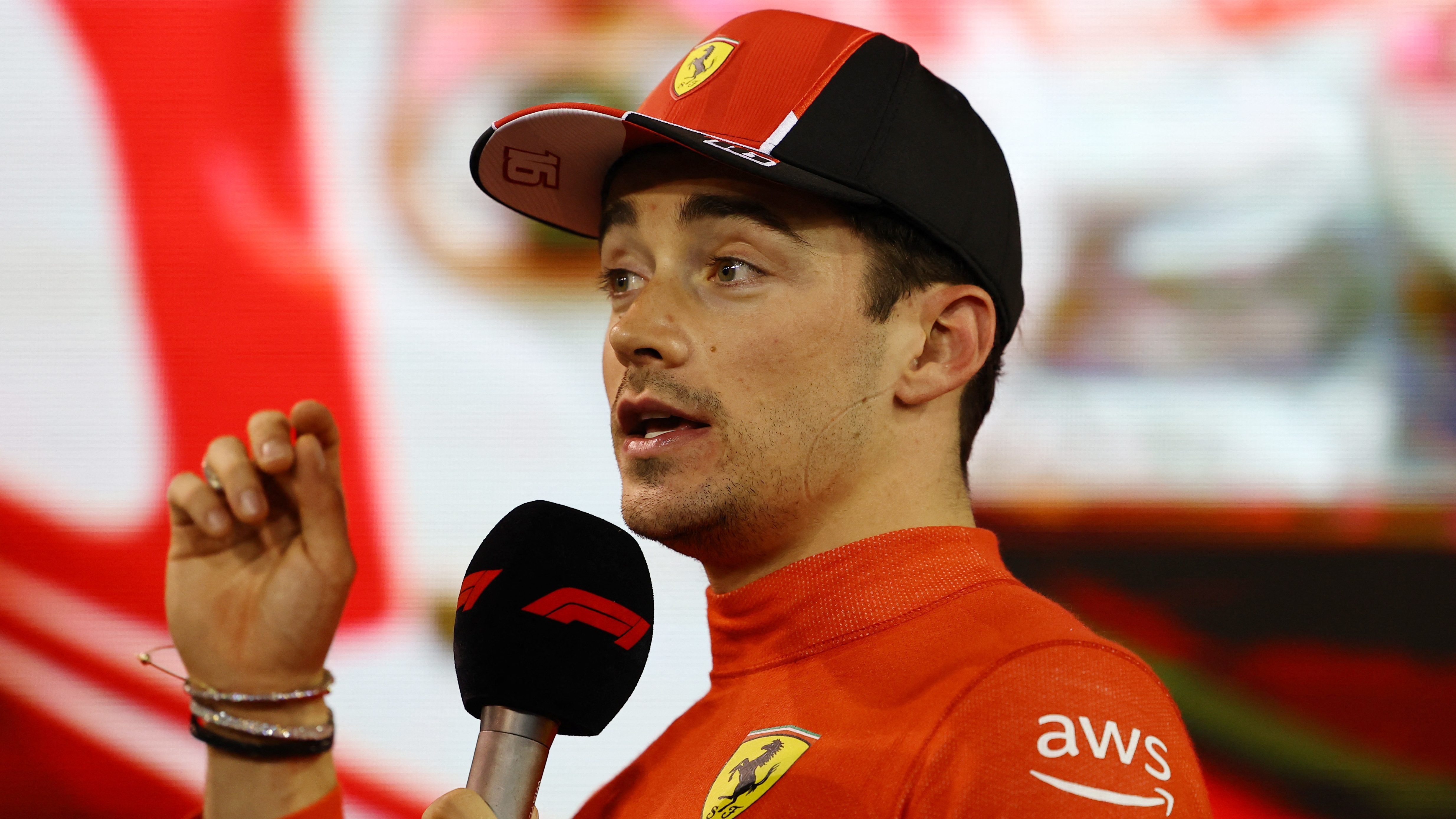 Formula One F1 - Bahrain Grand Prix - Bahrain International Circuit, Sakhir, Bahrain - March 4, 2023 Ferrari's Charles Leclerc during an interview after finishing the race in third place REUTERS/Rula Rouhana