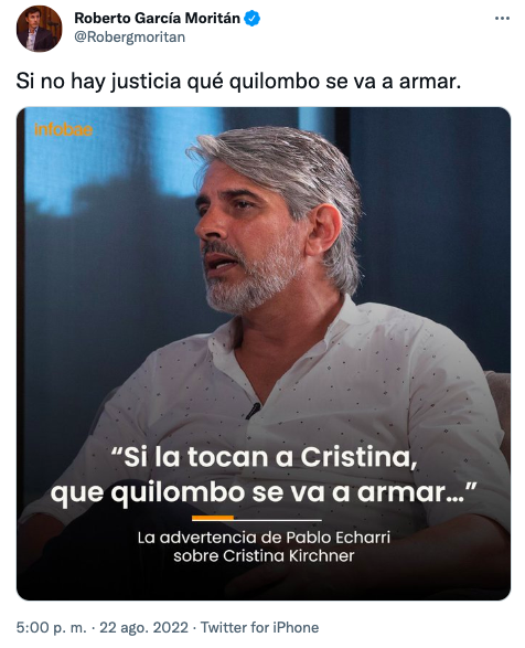 El tuit de Roberto García Moritán en respuesta a Pablo Echarri
