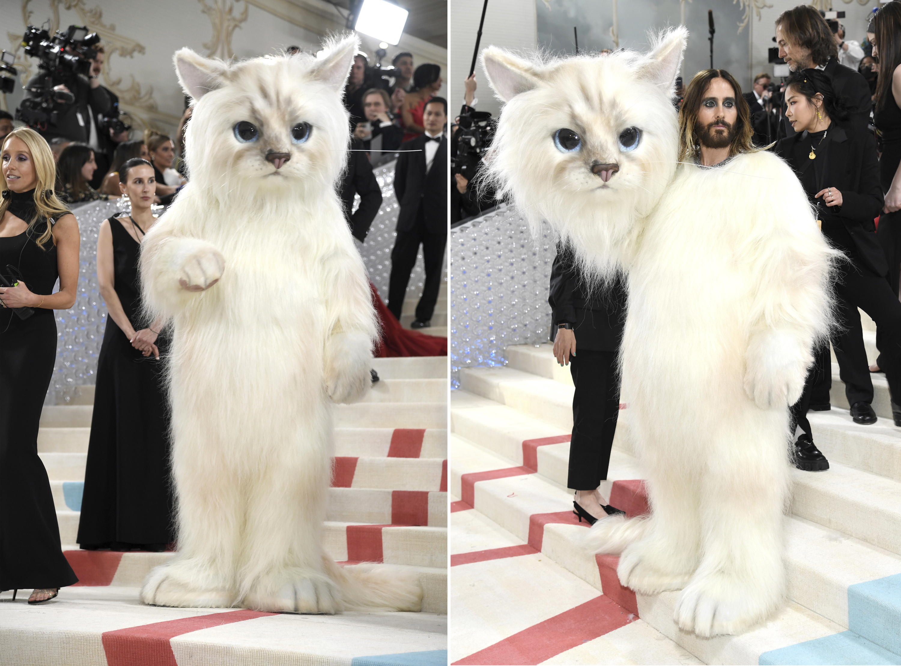 Jared Leto llegó vestido como la gata Choupette a la gala del MET. (Foto Evan Agostini/Invision/AP)