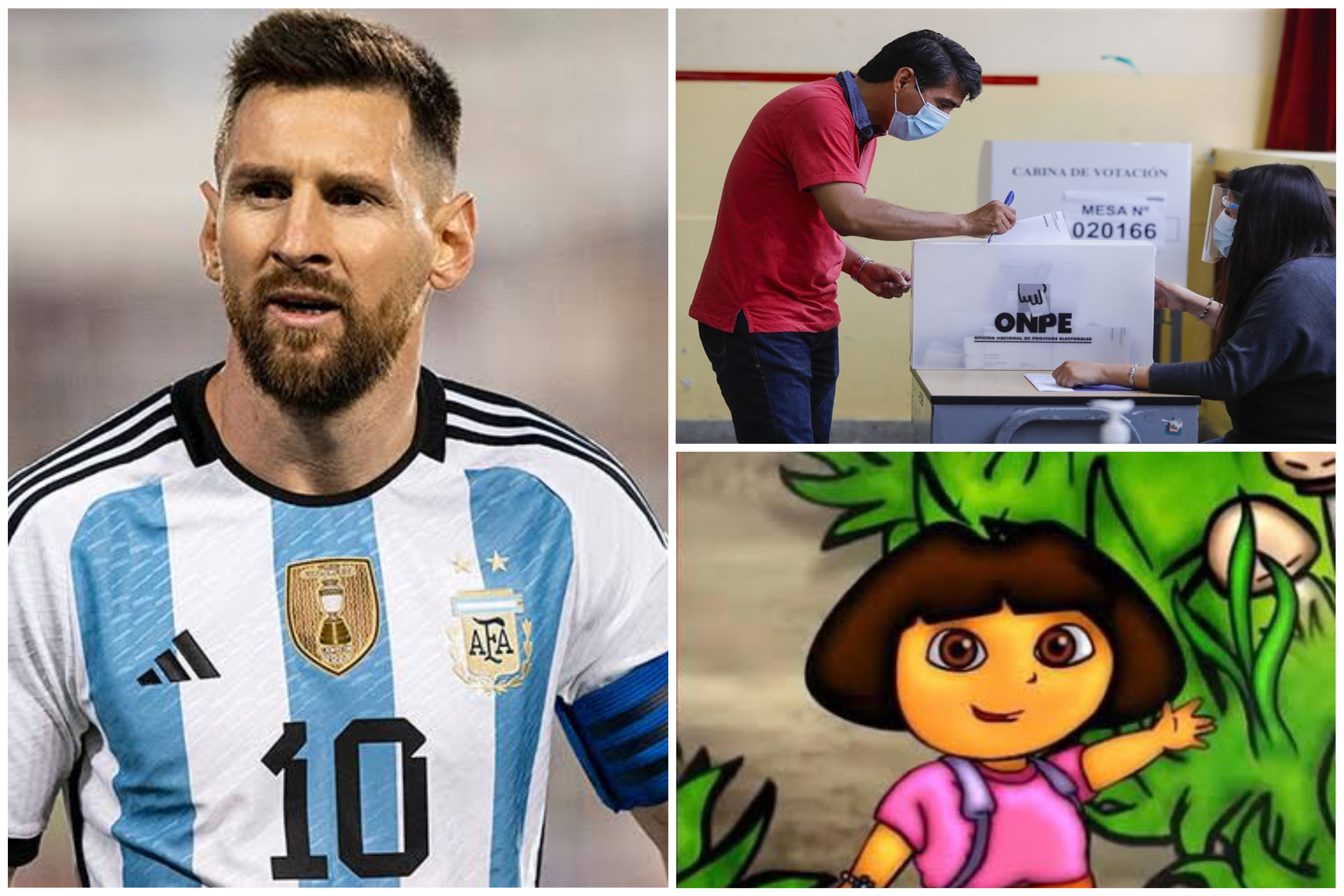 Argentinos 2022 (Lionel Messi), peruanos (Elecciones 2022) y uruguayos (Dora la exploradora) hacen preguntas en Google.  (Foto: Composición/José Arana)