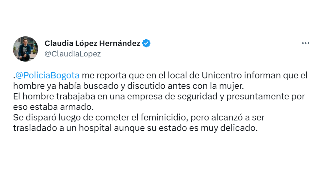 La alcaldesa Claudia López confirmó que Christian Rincón trabajaba en una empresa de seguridad. Crédito: @ClaudiaLopez/ Twitter
