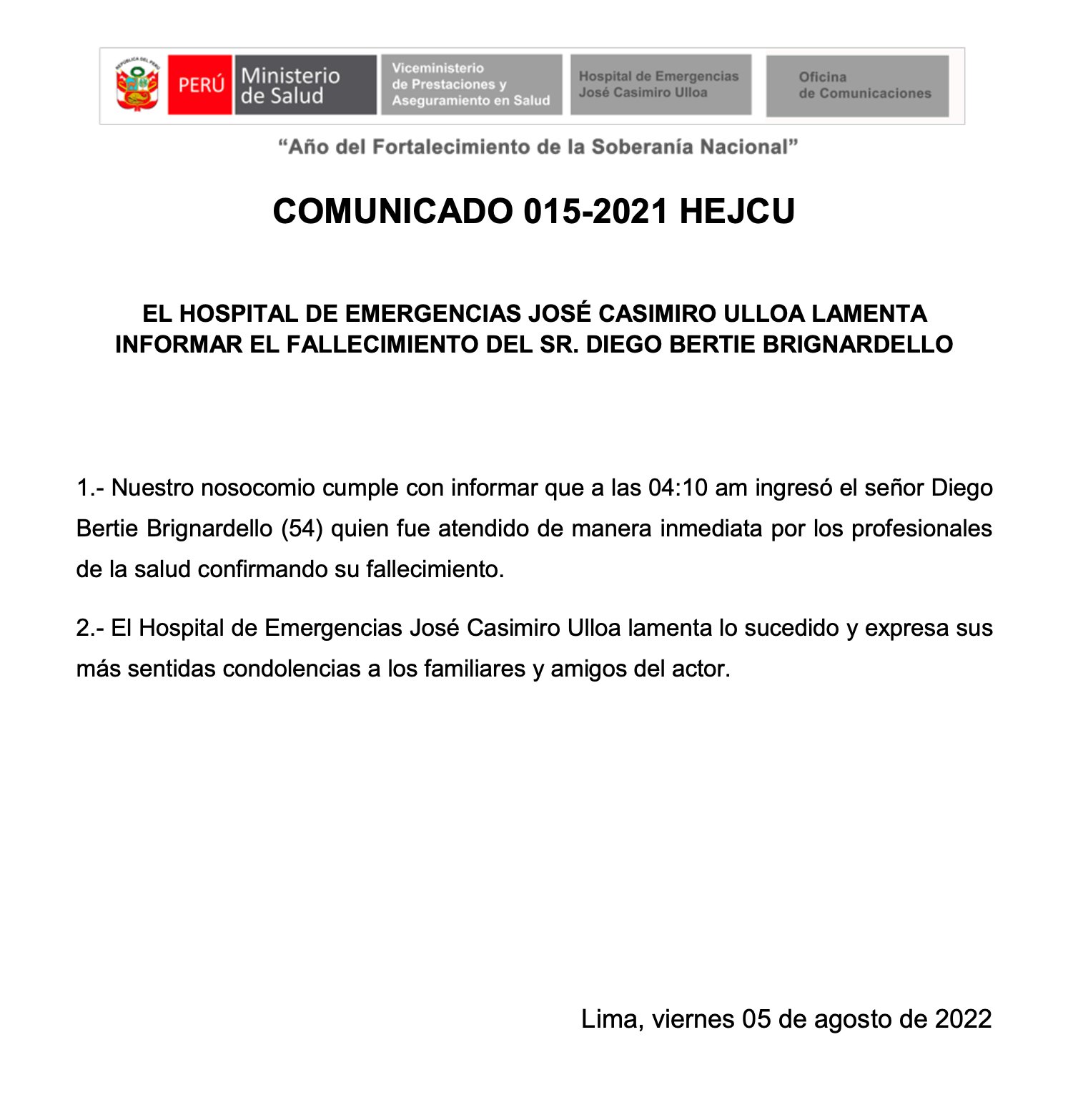 Comunicado del hospital Casimiro Ulloa por la muerte de Diego Bertie