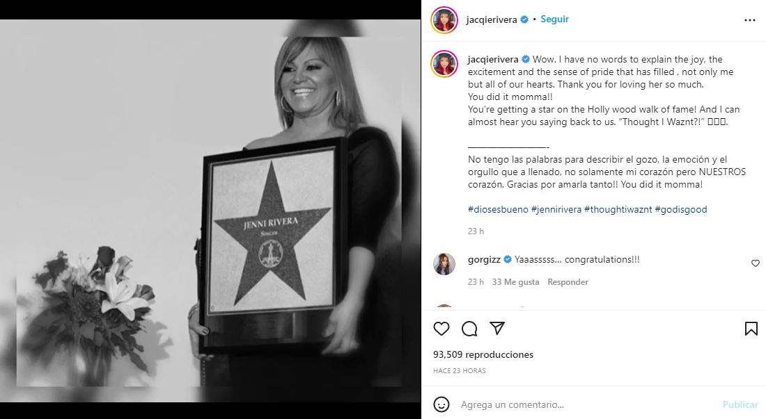 Jacqie fue la primera de la familia en reaccionar ante la noticias de la estrella para su mamá (Foto: Captura de pantalla/Instagram)