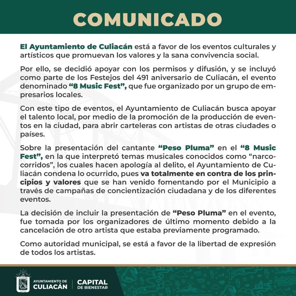 En el comunicado del Ayuntamiento, se hace referencia a la presentación de "Peso Pluma".
(Foto: Ayuntamiento de Culiacán)