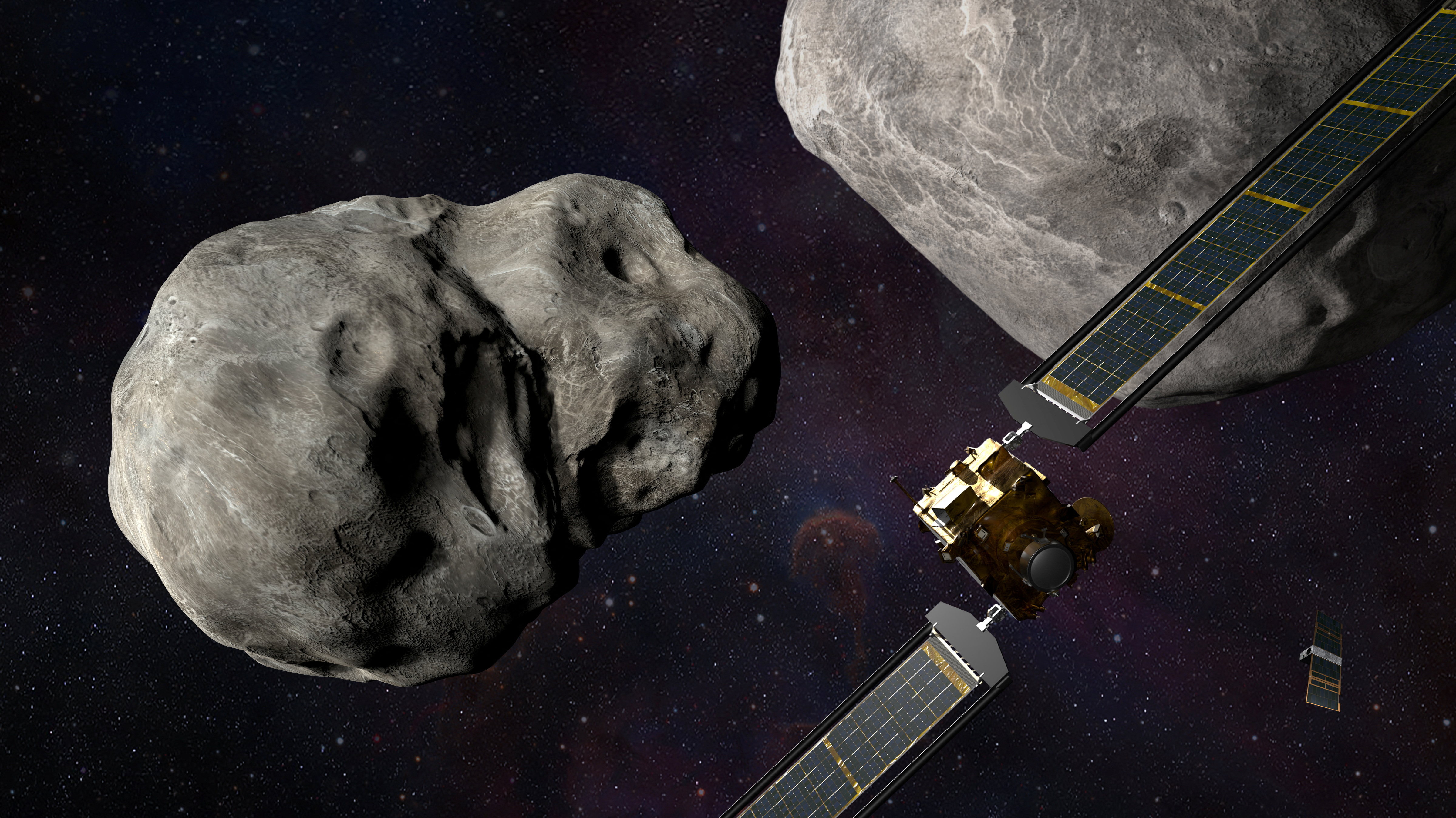 Ilustración de la nave DART preparándose para impactar al asteroide Dimorphos.  (NASA/Johns Hopkins APL/Steve Gribben/Handout via REUTERS )