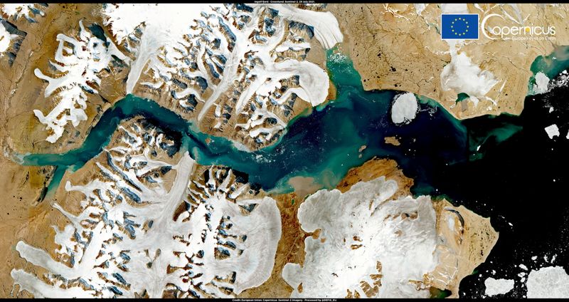 Foto satelital del fiordo Ingolf en Groenlandia. 
Jul 29, 2021. 
European Union, Copernicus Sentinel-2 imagery - Processed by @DEFIS_EU/Handout via REUTERS    
ESTA IMAGEN FUE PROVISTA POR UNA TERCERA PARTE, CRÉDITO OBLIGATORIO