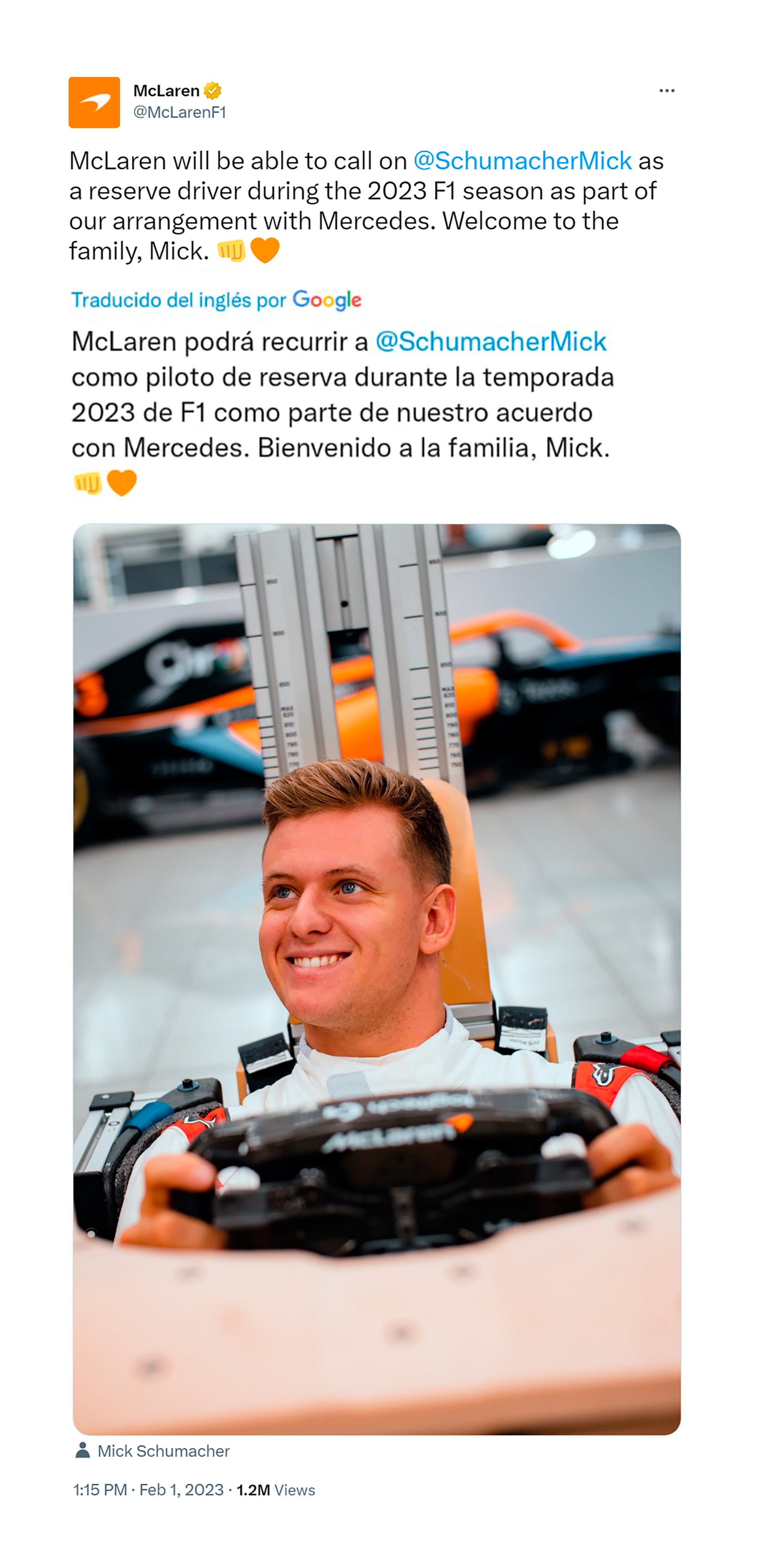 El posteo de McLaren con el anuncio sobre Schumacher (@McLarenF1)