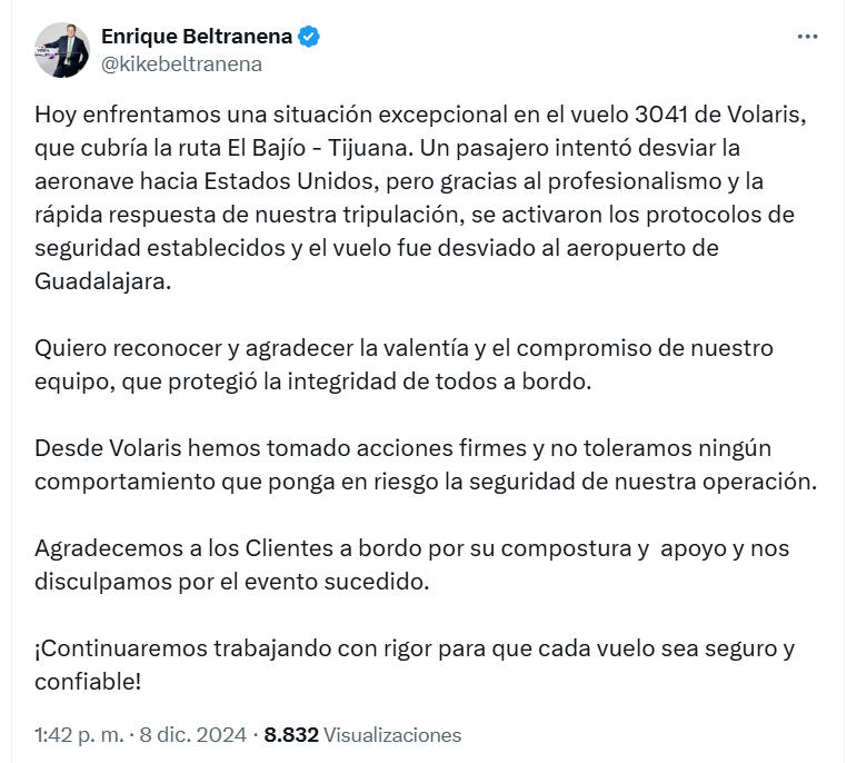 Enrique Beltranena, CEO de Volaris, reacciona a intento de desviar avión a Estados Unidos - Infobae