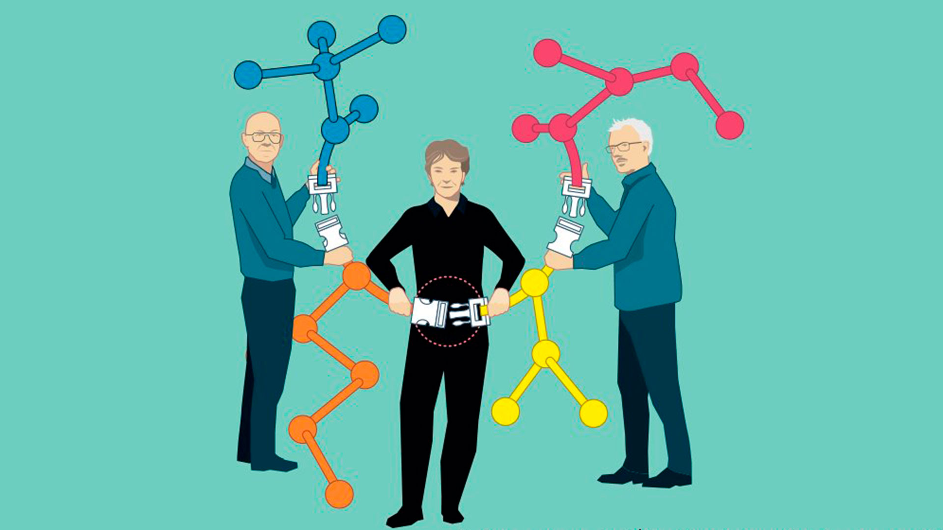 Ilustración de los ganadores del Nobel, Carolyn R. Bertozzi, Morten Meldal y K. Barry Sharpless 