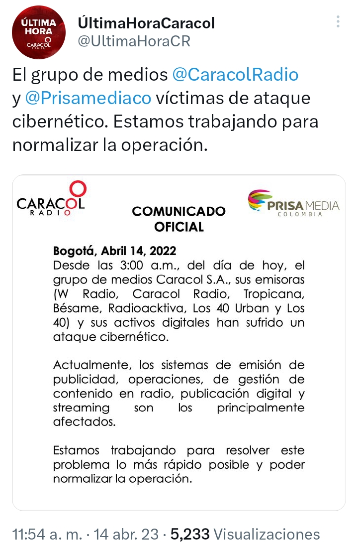 Destrucción experimental Contaminar Caracol Radio, Radioacktiva, Tropicana, W Radio y otras emisoras del Grupo  Prisa en Colombia fueron víctimas de un ataque cibernético - Infobae