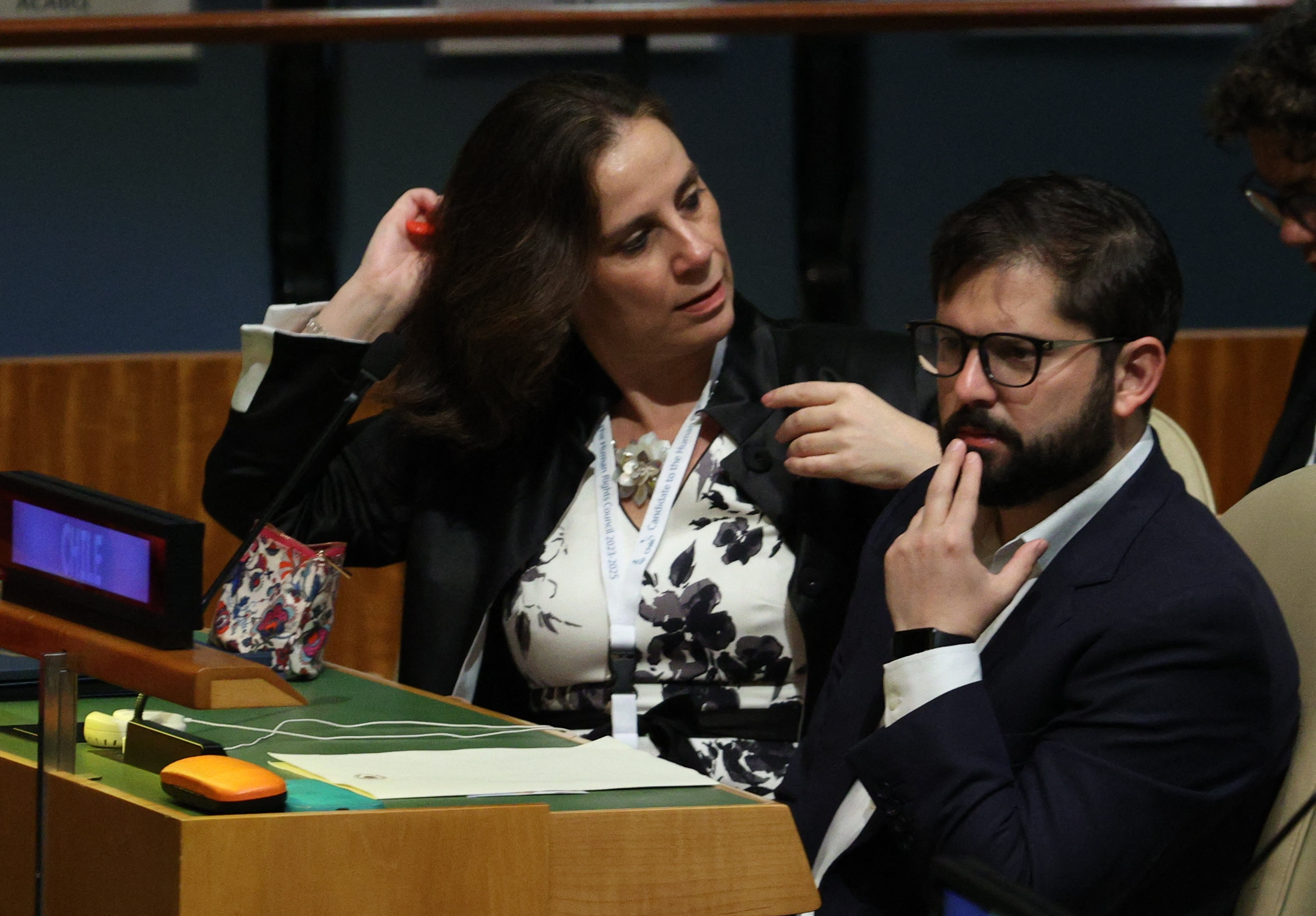 El presidente Gabriel Boric junto a la Canciller Urrejola, quien defendió al mandatario de los dichos de Cabello. September 20, 2022. REUTERS/Amr Alfiky