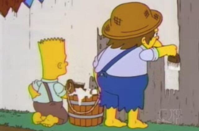 Bart y Nelson representando a Tom y Huckelberry Finn en un episodio de la serie