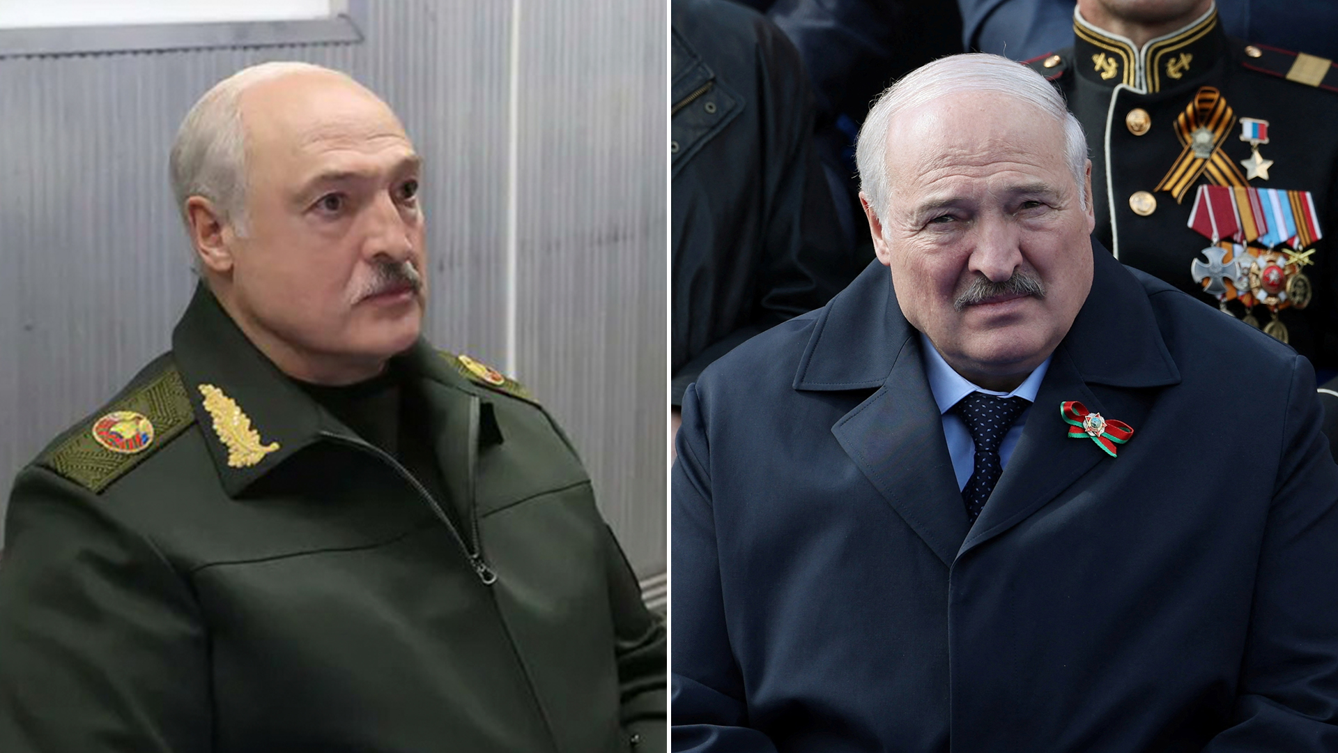 A la izquierda, una captura de pantalla del video de este lunes; a la derecha, Lukashenko durante el desfile por el Día de la Victoria en Moscú, el 9 de mayo