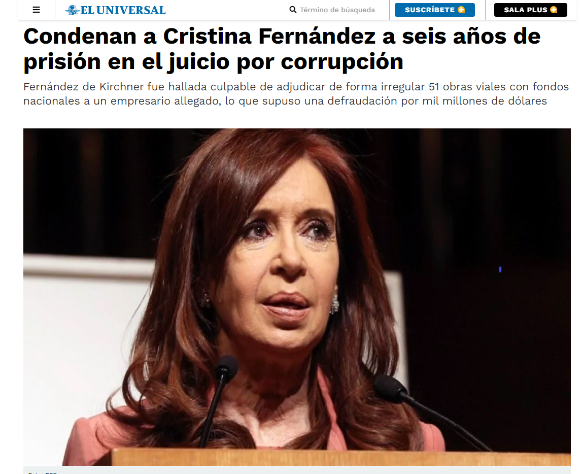 Nota de El Universal tras la condena a Cristina Kirchner