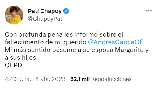Este fue el mensaje de Pati Chapoy tras darse a conocer el fallecimiento de Andrés García (Twitter/@ChapoyPati)