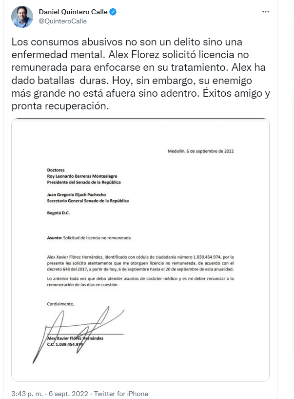 Álex Flórez Pide Al Senado Licencia No Remunerada Tras Su Alcoholismo Infobae