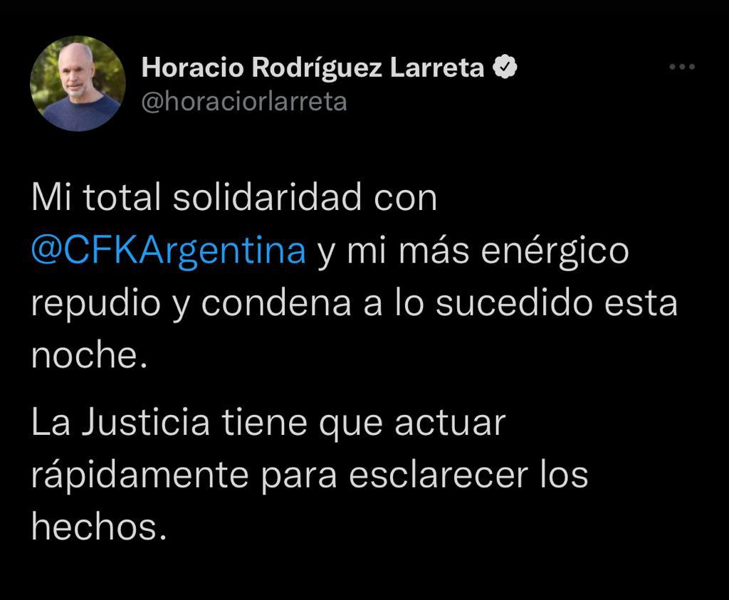 Horacio Rodríguez Larreta se solidarizó con Cristina Kirchner tras el atentado que sufrió en Recoleta (Twitter)
