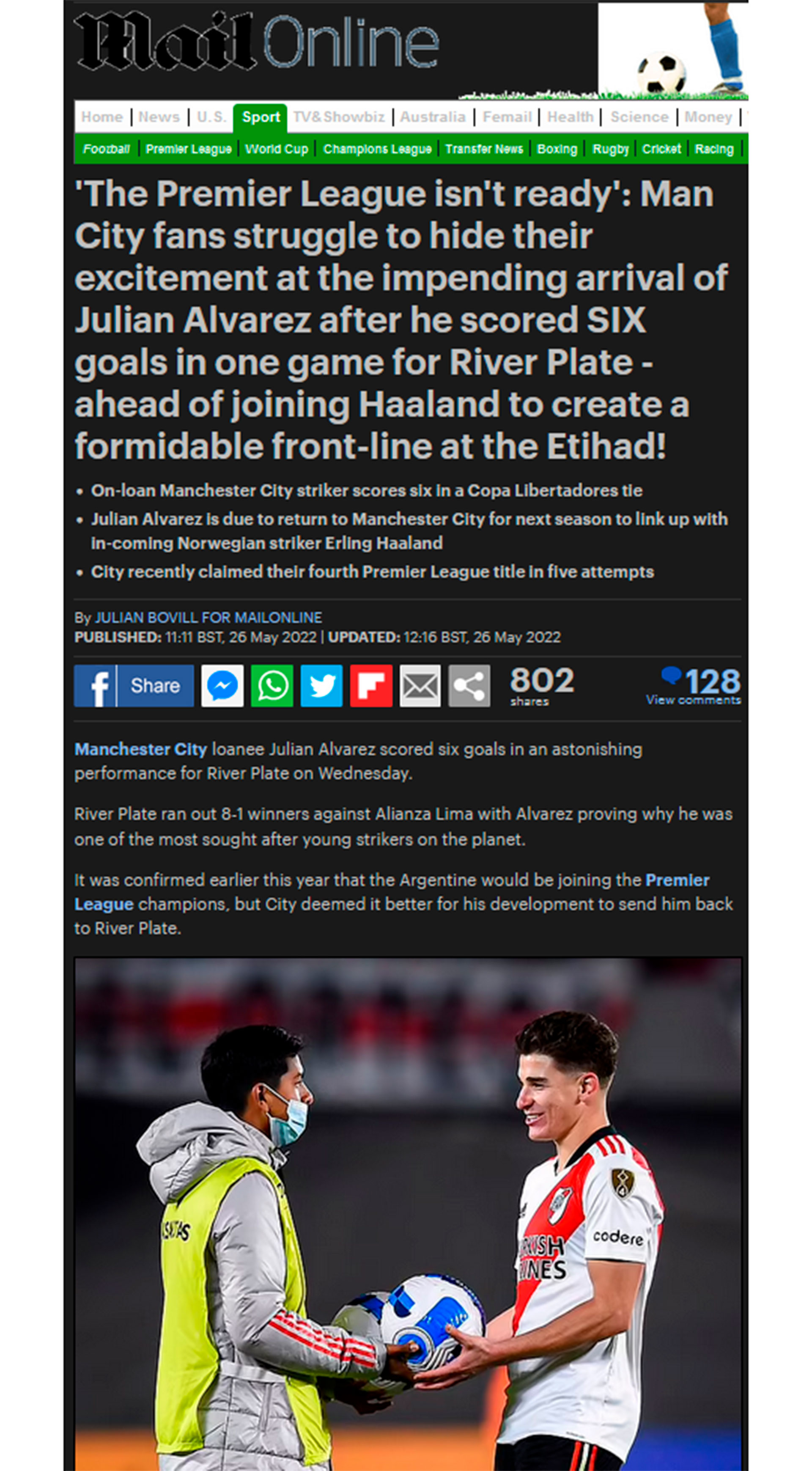 Daily Mail encabezó con "La Premier League no está lista" para el talento de Julián Álvarez