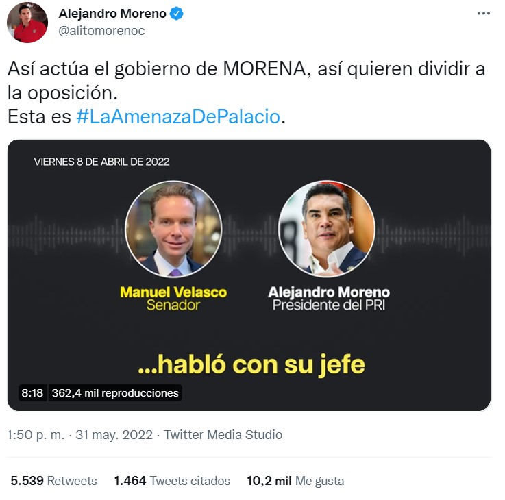 Alejandro Moreno denunció amenazas de Morena y AMLO por no votar a favor de la Reforma Eléctrica (Foto: Twitter/@alitomorenoc)