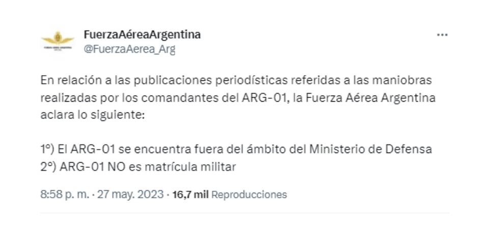 La Fuerza Aérea Argentina aclaró que los pilotos del avión presidencial no son personal militar
