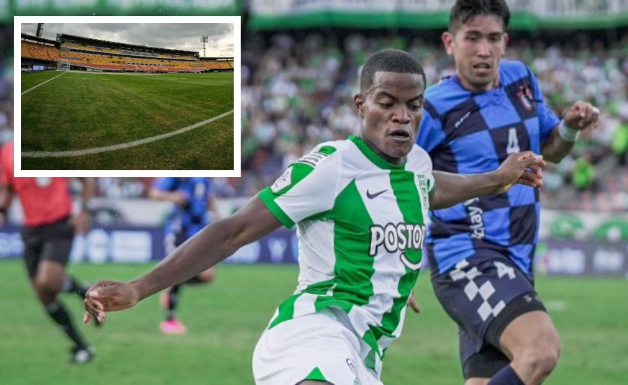 Andrés Román, defensor de Nacional, aseguró que es preocupante el estado de la cancha en El Campín. Fotos Twitter Santa Fe / Twitter Atlético Nacional