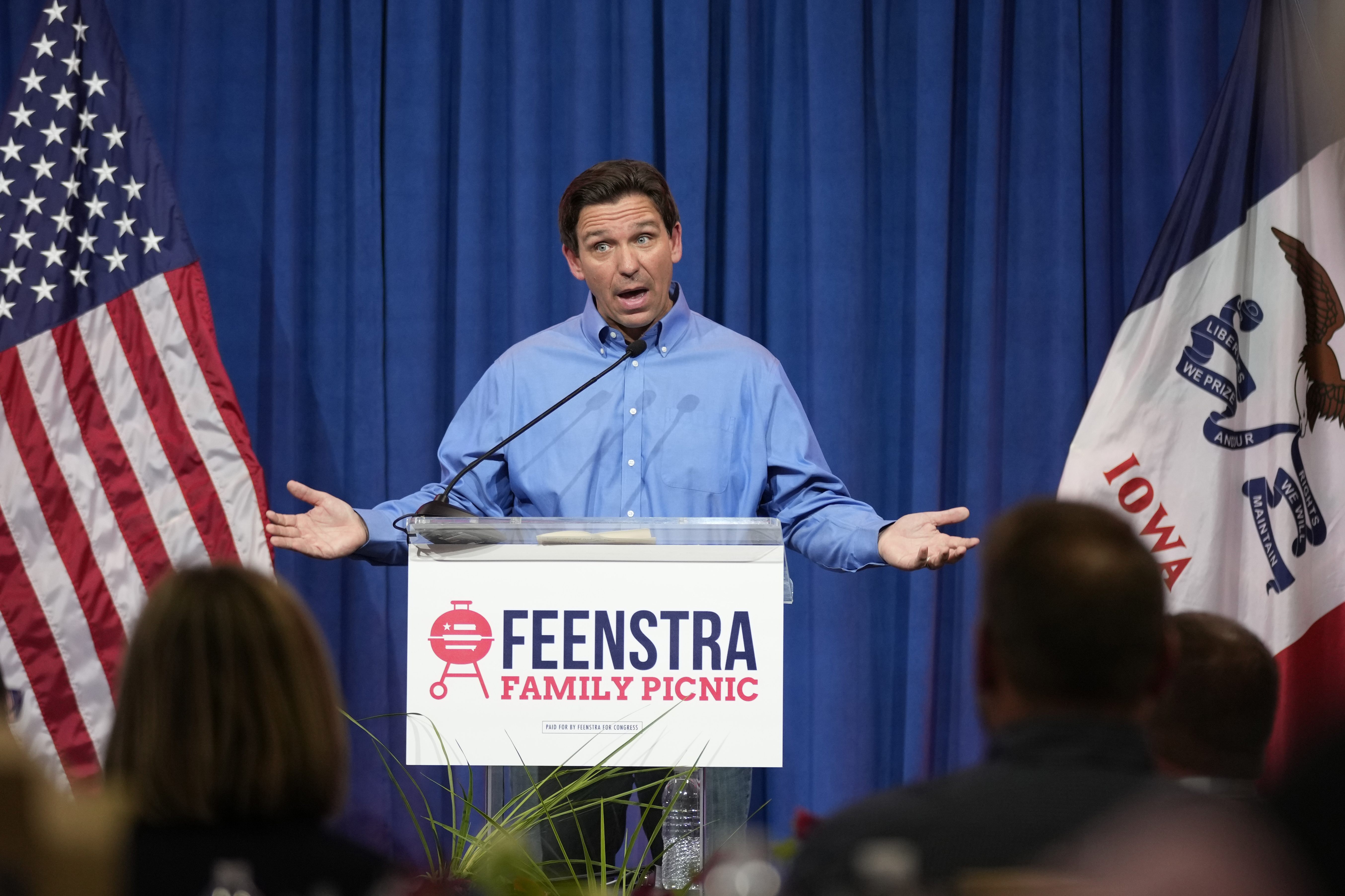 Florida Governor Ron DeSantis speaks during a fundraiser in Sioux Center, Iowa, Saturday, May 13, 2023. (AP Photo/Charlie Neibergall)