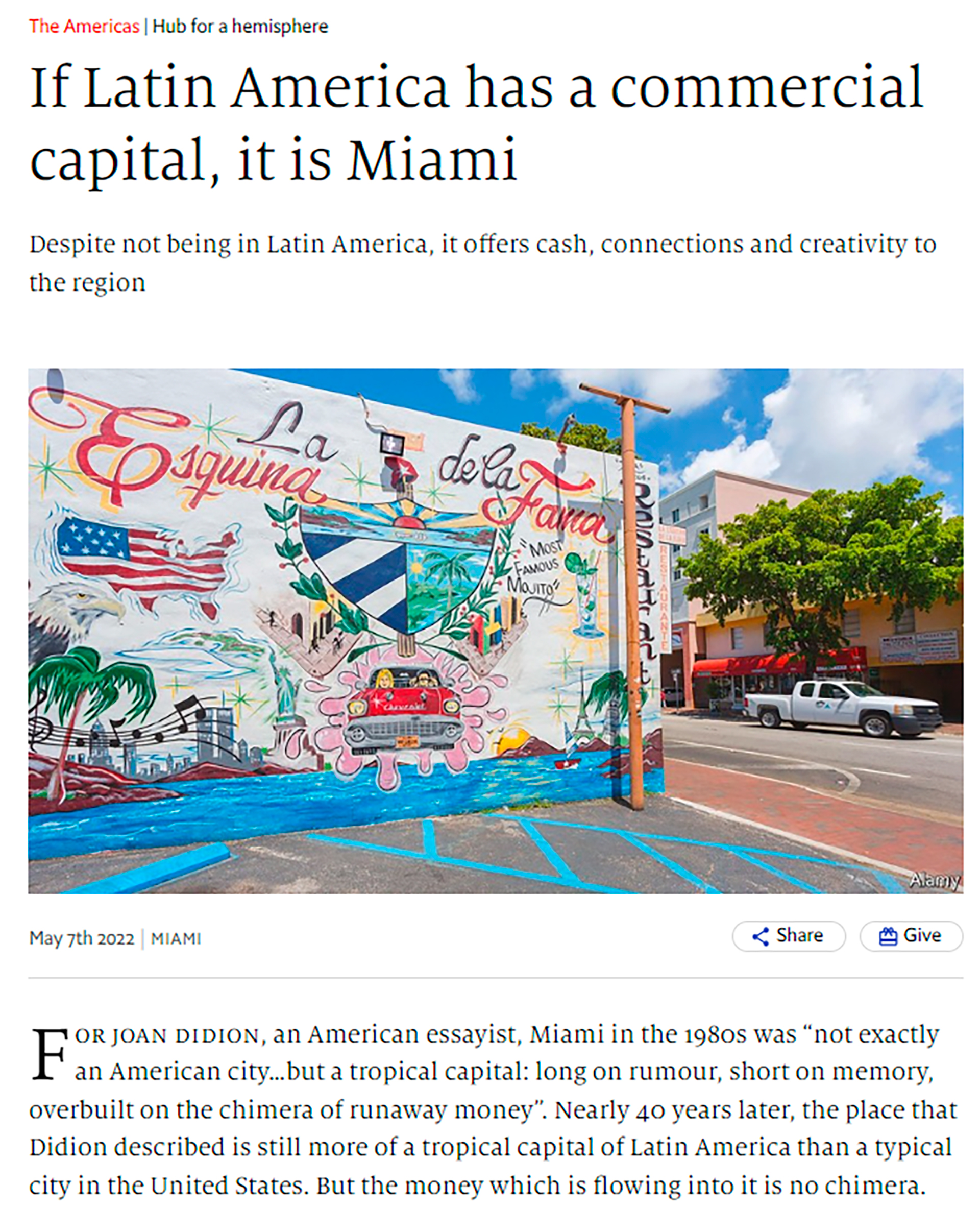 Cabeza de la nota en que The Economist destaca la importancia comercial de Miami