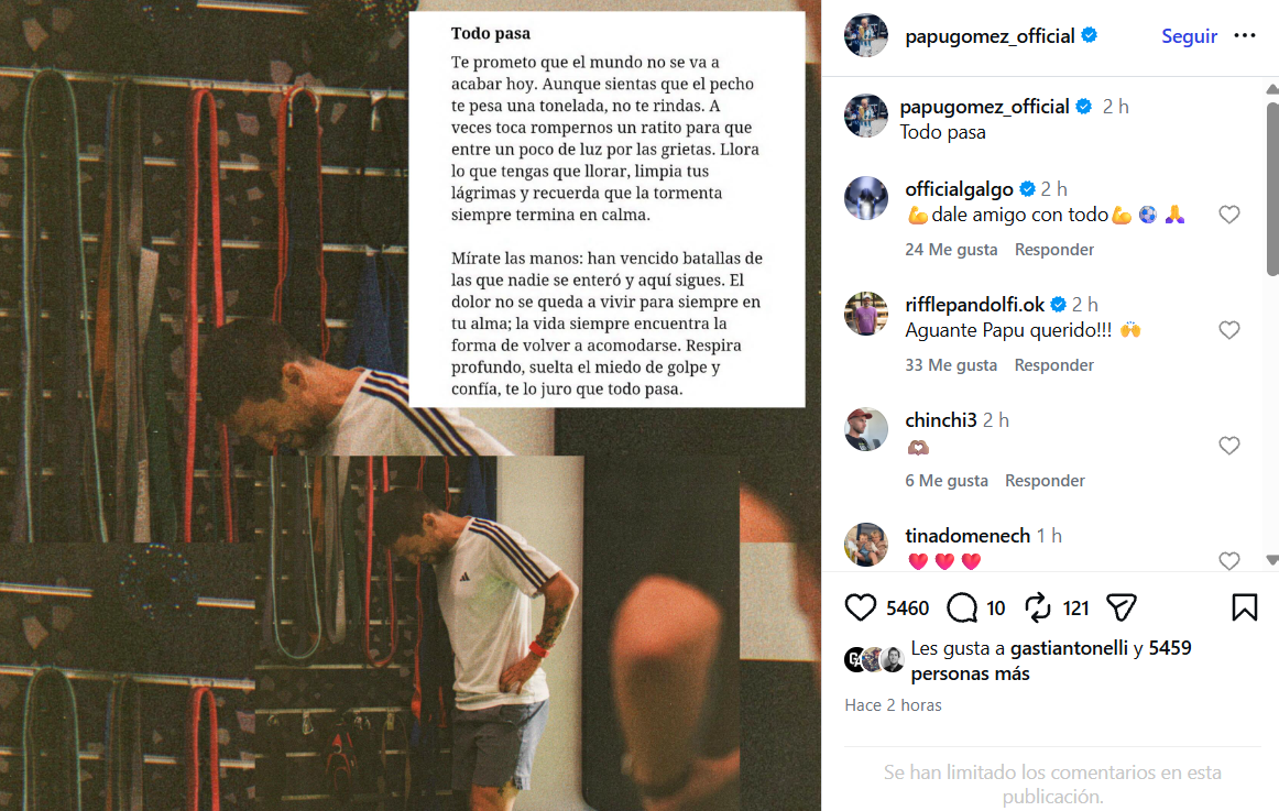 La llamativa carta que Papu G&oacute;mez public&oacute; en sus redes sociales: 