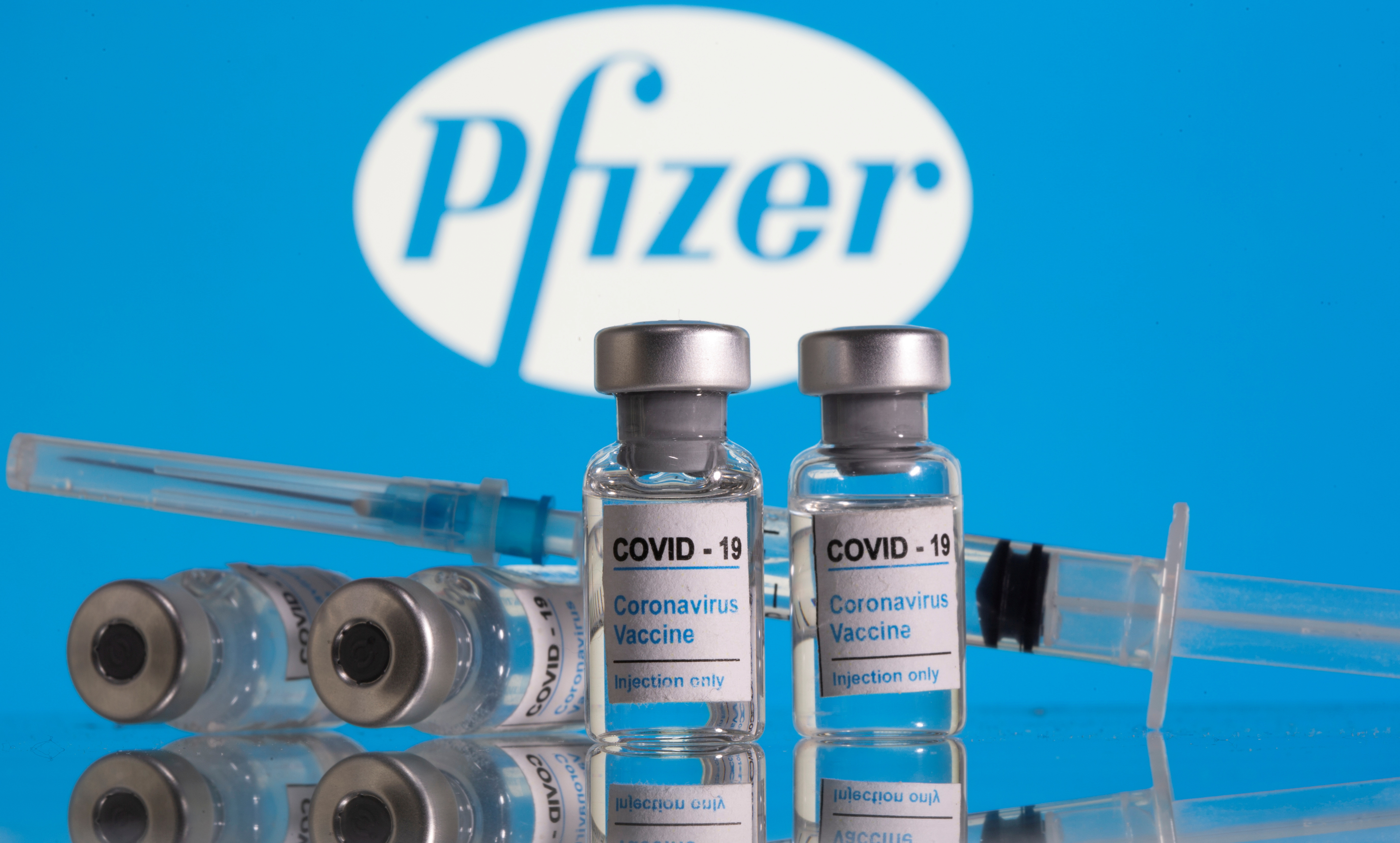 FILE PHOTO: Vials labelled "COVID-19 Coronavirus Vaccine" and sryinge are seen in front of displayed Pfizer logo in this illustration taken, February 9, 2021. REUTERS/Dado Ruvic/Illustration/File Photo