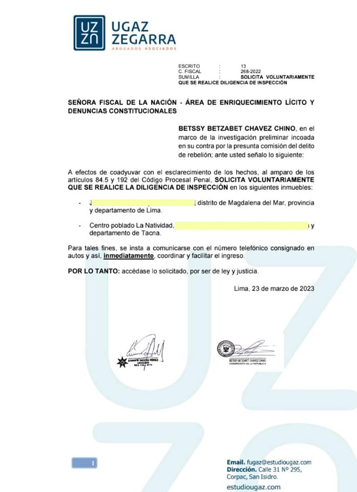 Betssy Chávez envía documento a la Fiscal de la Nación