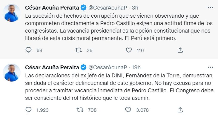 César Acuña en Twitter asegura que su bancada apoyará la vacancia presidencial