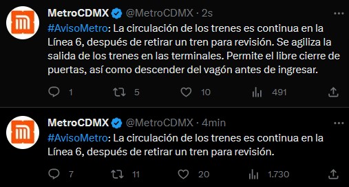 El STC Metro anunció que hubo retrasos en la Línea 6 debido a que retiraron un tren para revisión (Twitter/@MetroCDMX)