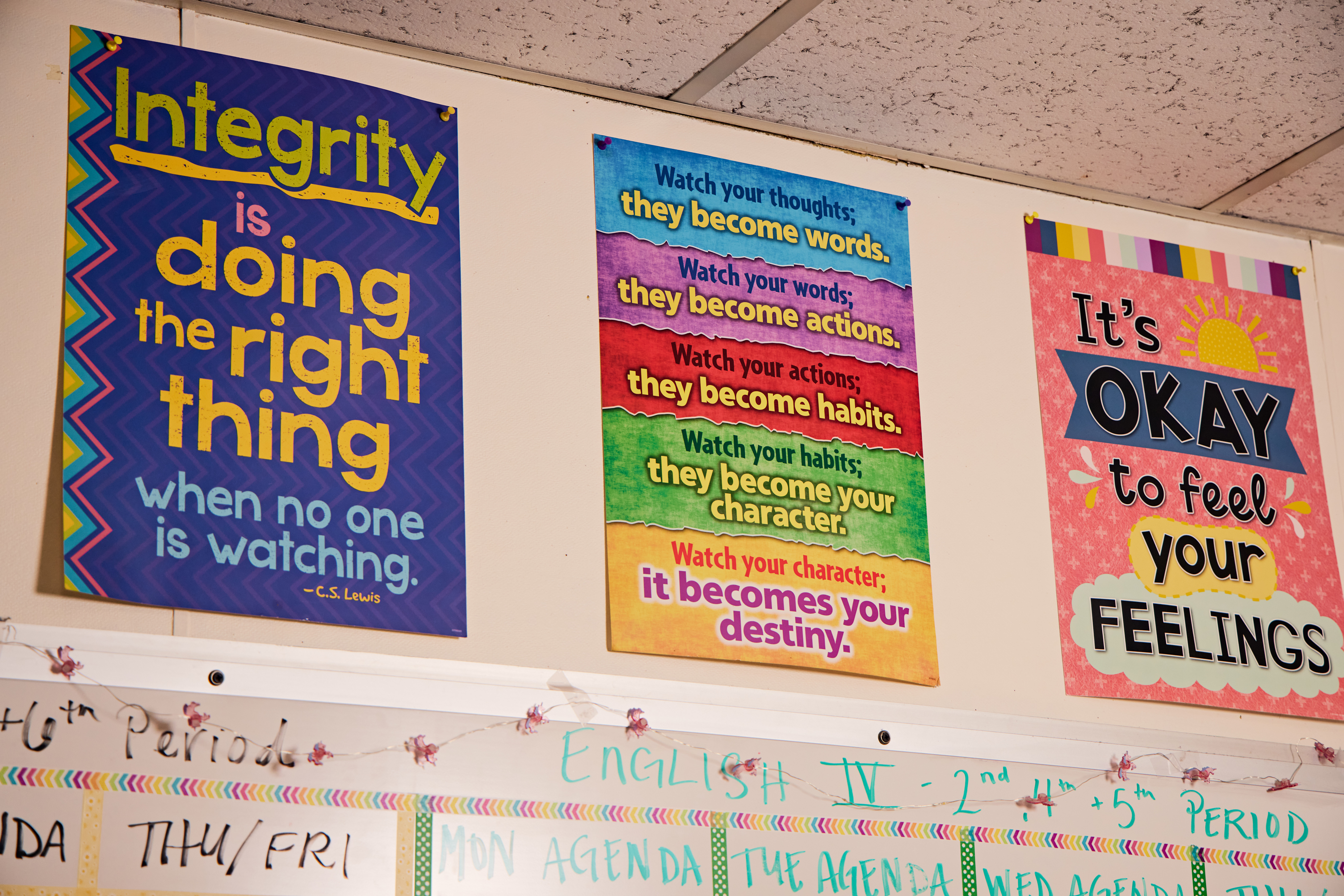 Afiches en el salón de clases de inglés AP de Rebecca Dell en Concord High School (Foto para The Washington Post por Andria Lo)